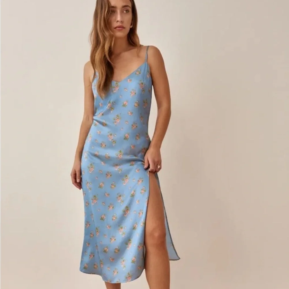 Reformation Blue Floral Slip Midi Dress Silk - Picture 1 of 9
